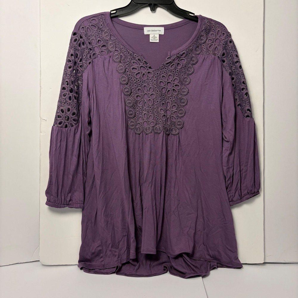 Liz Claiborne Purple Crochet Lace Tunic Blouse 3/4 Sleeve Boho Top Small